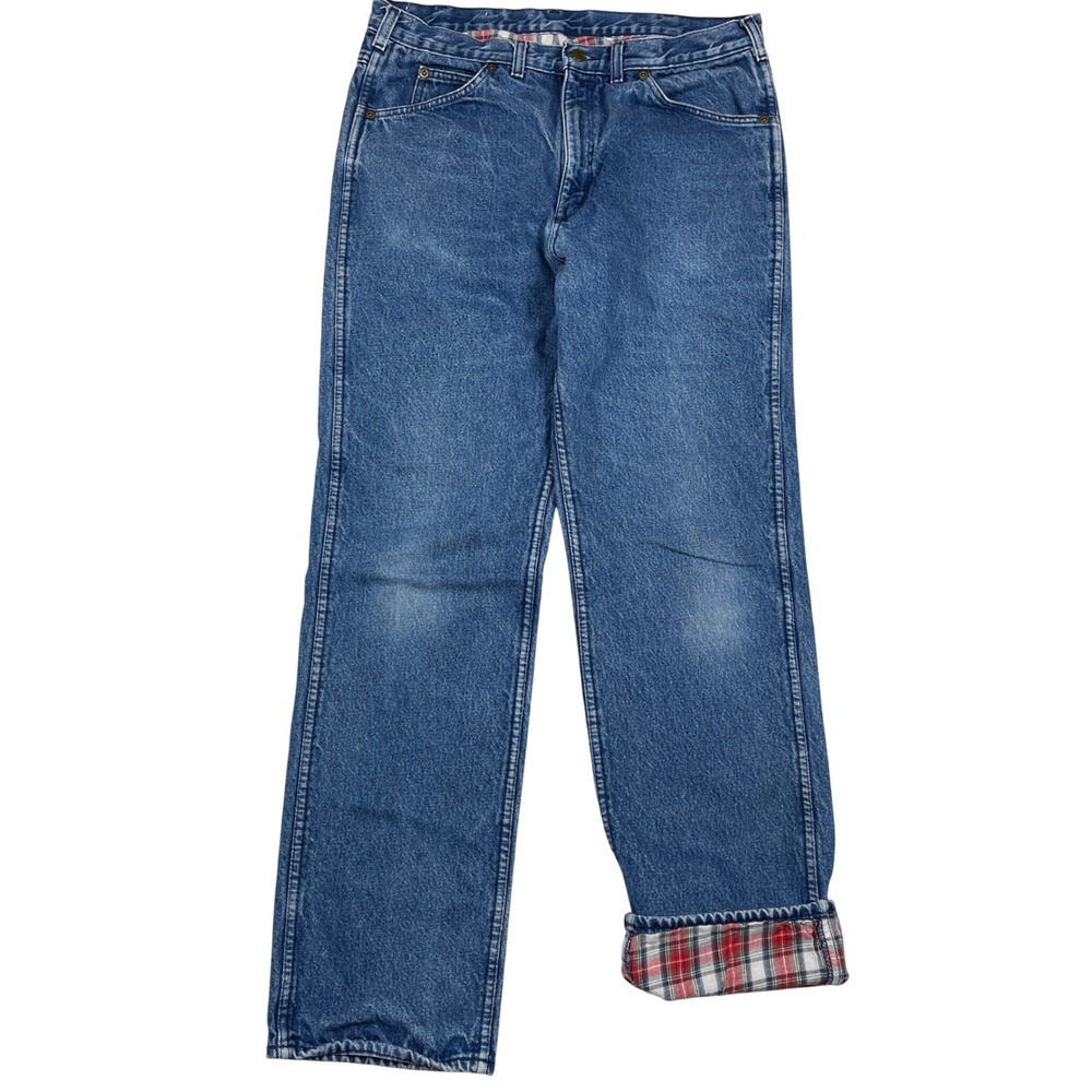 OshKosh Flannel Lined Jeans Mens 36x34 Blue Plaid Lined Denim Workwear USA Made